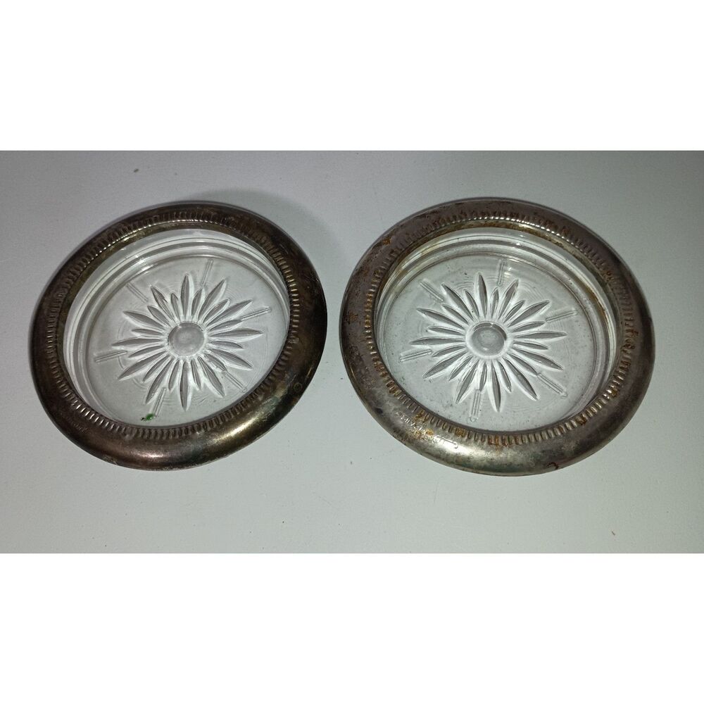 Vintage - Glass Flower Pattern Drink Coasters with Silver Trim (Set of 2)
